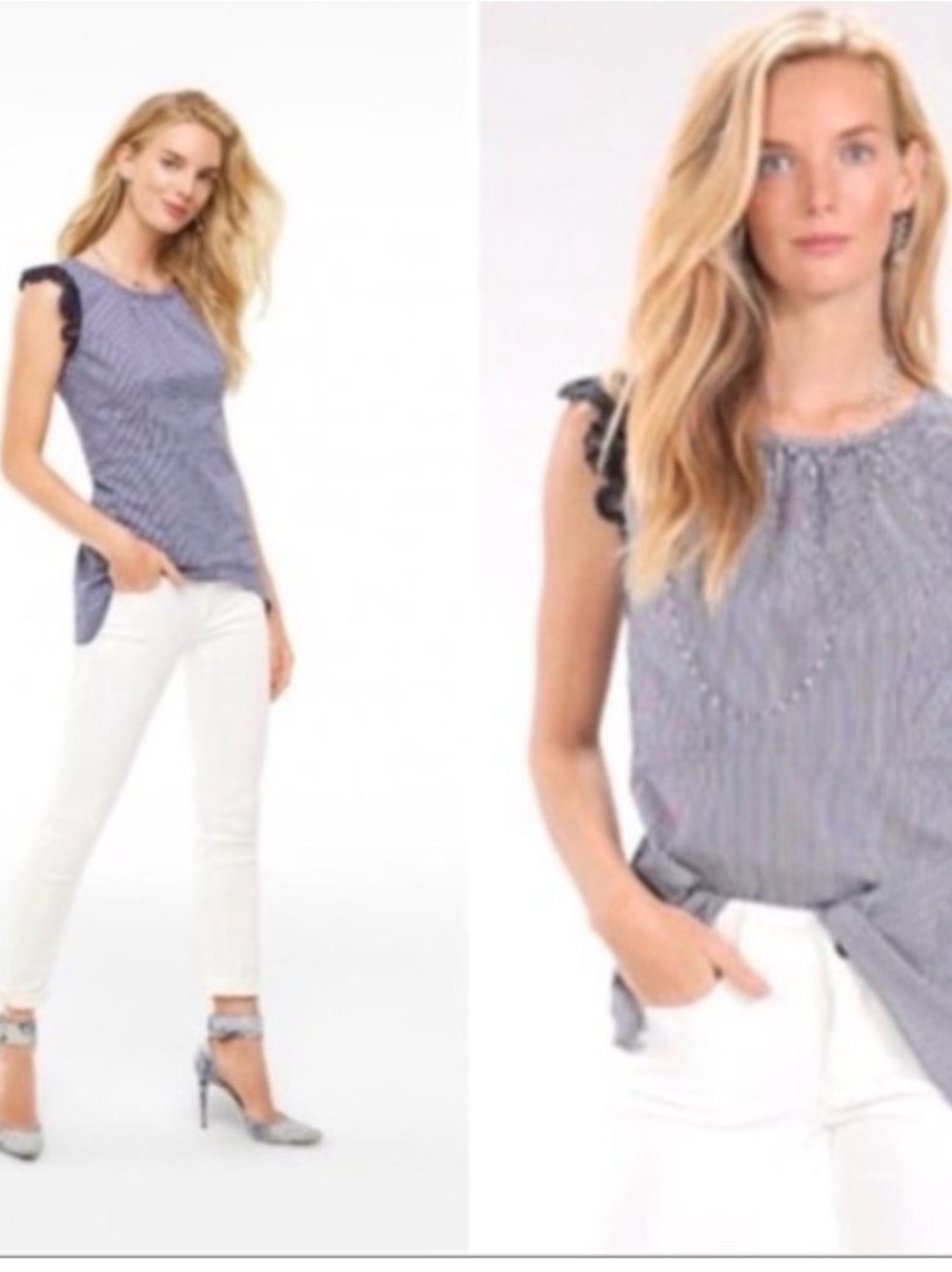 CAbi Navy and White striped blouse featuring lace flutter sleeves